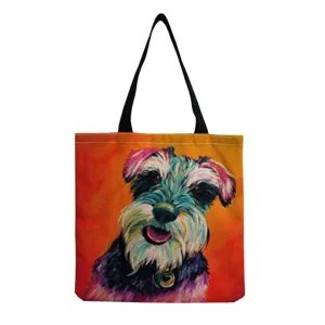 Detailansicht der Leinentragetasche mit buntem Ölgemälde Hundekunstdruck und schwarzen Trägern.