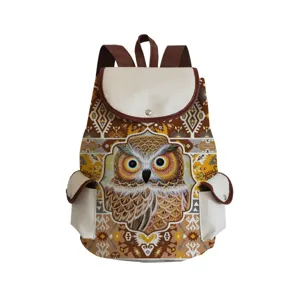 Canvas backpack with cute owl print ethnic geometric pattern casual travel bookbag daypack