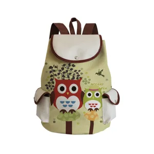 Canvas backpack featuring cute owl print design, large capacity student schoolbag for travel.