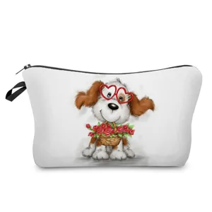Bolsa de maquillaje con estampado de perrito y gafas de corazón, estuche cosmético grande.