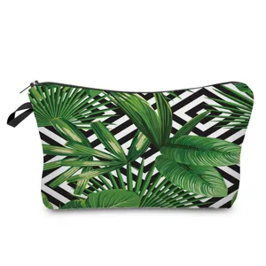 Tropical green leaves print cosmetic pouch detail view, portable zipper makeup bag for travel.