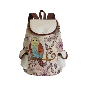 Canvas backpack with cute owl and floral print, vintage style travel school bag for students.