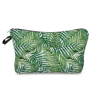 Green palm leaf pattern cosmetic pouch detail, zippered waterproof toiletry bag view.