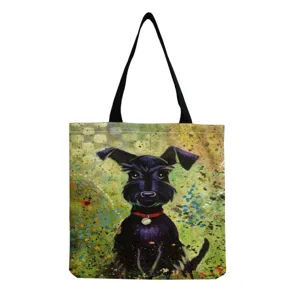 Leinwand Tragetasche mit künstlerischem Ölgemälde schwarzer Hund Druck, lässige Handtasche.