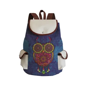 Canvas backpack with colorful owl print, casual travel daypack for women and girls
