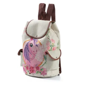 Canvas backpack featuring a cute pink unicorn and floral print with brown leather trim.