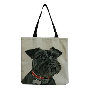 Leinwand Tragetasche mit Ölgemälde Druck von schwarzem Schnauzer Hund und rotem Halsband.