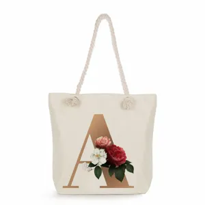 Minimalist Linen Tote Bag With Thick Rope Handle Large Capacity Printed Alphabet Flower Single Shoulder Bag Artistic Casual Satchel Handbag For Women Student Everyday