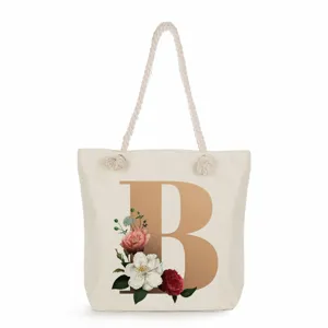 Canvas tote bag with gold letter B and vintage floral print, large capacity shoulder bag.