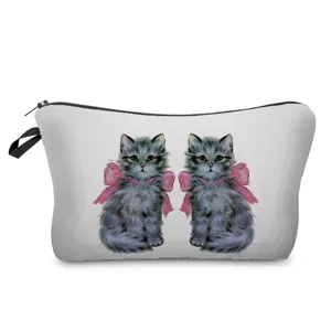 Niedliche graue Katzen Kosmetiktasche mit pinker Schleife, tragbarer Make-up Beutel für Damen.