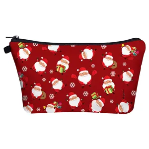 Christmas Santa Claus Printed Makeup Bag Polyester Travel Toiletry Storage Organizer Portable Cosmetics Zipper Pouch Case Holiday Gift Pack