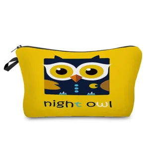 Cute owl print travel cosmetic bag, portable waterproof makeup storage pouch for women daily use.