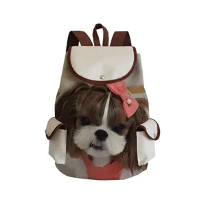 Close-up detail of the canvas backpack featuring a cute Shih Tzu dog print design and straps.