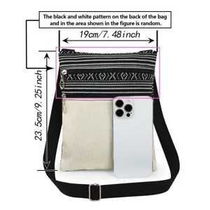 Black and white woven pattern crossbody bag with double zippers and clear size guide.