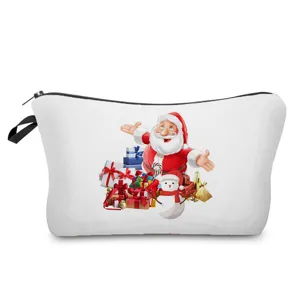 Christmas Santa print cosmetic bag detail, soft fabric toiletry pouch with zipper.