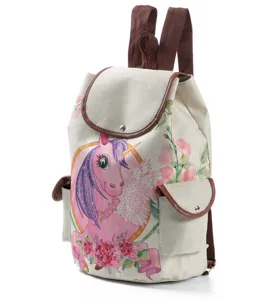 Canvas backpack detail showing pink unicorn floral print, brown leather trim, and front pocket.
