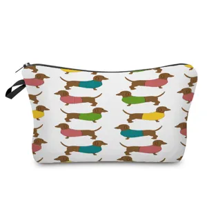 Trousse à Maquillage Portable en Polyester Imprimé Chien Teckel Mignonne Pochette Organisateur de Toilette de Voyage