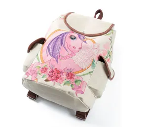 Cute canvas backpack with colorful unicorn print and brown leather trim for students daily use.