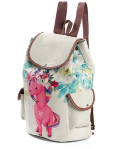 Canvas backpack with cute pink unicorn and floral print, brown straps, casual school bag.