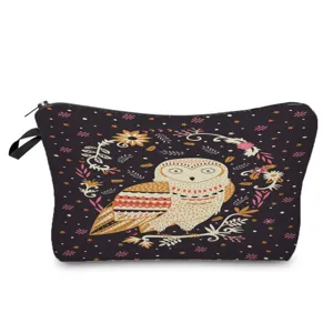 Owl print cosmetic bag detail, boho floral makeup pouch, portable canvas travel toiletry bag.