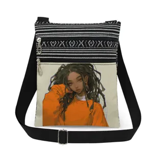 Sac bandoulière toile rayé noir blanc avec imprimé fille anime tendance pour le quotidien.