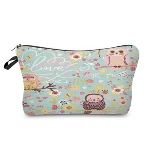 Cute owl printed cosmetic bag with convenient zipper and handle for daily travel use.