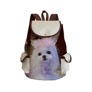 Cute dog print canvas backpack for students, casual daily daypack with spacious storage.
