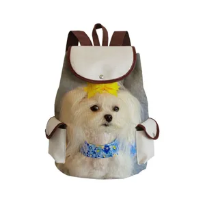 Cute dog print canvas backpack with brown trim, daily casual school bag detail view.