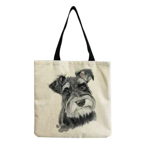Detaillierte Ansicht der Segeltuchtasche mit realistischem Schnauzer-Druck und schwarzen Griffen.