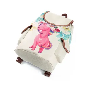 Canvas school backpack with cute pink unicorn print and brown trim for travel and daily use