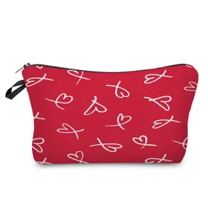 Bolso cosmético rojo con estampado de corazones blancos, estuche de maquillaje.