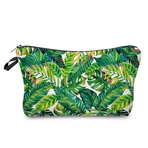 Tropical green leaf print makeup bag for women, stylish toiletry pouch with zipper