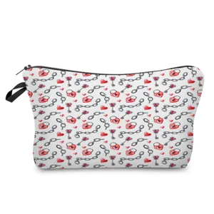 Bolsa de cosméticos con estampado de candado de corazón de acuarela, neceser de viaje.