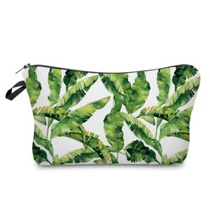 Watercolor green banana leaves print cosmetic bag, stylish zipper makeup pouch for women.
