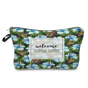 Tropical print cosmetic bag with blue flowers and butterflies, stylish travel makeup pouch for women.