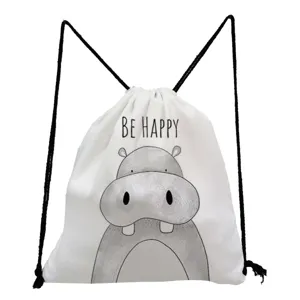 Cute cartoon hippo print drawstring backpack detail, casual daily storage bag design.