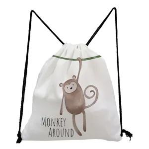 Cute cartoon monkey print detail view of white casual canvas drawstring backpack for daily use.