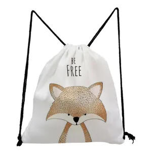 Detailed view of cute fox print canvas drawstring backpack, white bag with black cord.