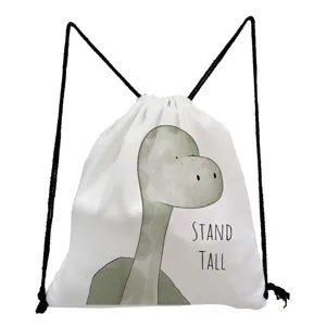 Close-up detail of the cute cartoon dinosaur canvas drawstring backpack with black straps.