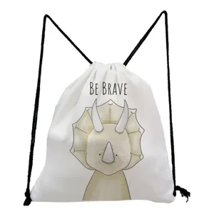 Cute cartoon dinosaur print white drawstring backpack casual canvas bag for daily use.