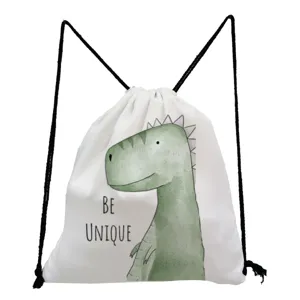 Cute dinosaur print white drawstring backpack, perfect for casual use, students, and daily storage.