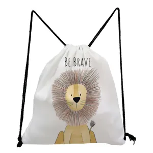 Cute watercolor lion print drawstring bag close-up detail, casual white canvas backpack.