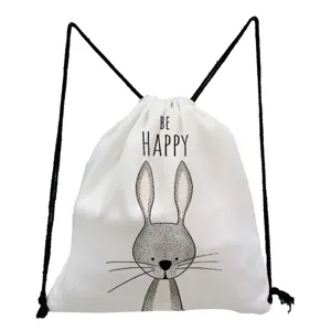 Cute Rabbit Print Canvas Drawstring Backpack Student Casual Storage Bag White School Bag
