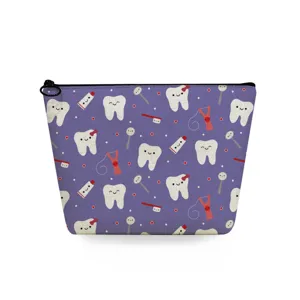 Bellissima borsa per trucco con motivo dentale, astuccio viola con zip per uso quotidiano.