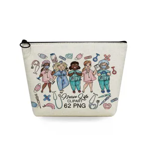 Dettaglio in primo piano della trousse in tela con simpatico motivo di infermiera.