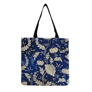 Women Foldable Portable Linen Tote Bag Vintage Blue And White Porcelain Print Shoulder Shopping Bag Reusable Eco Friendly Travel Handbag