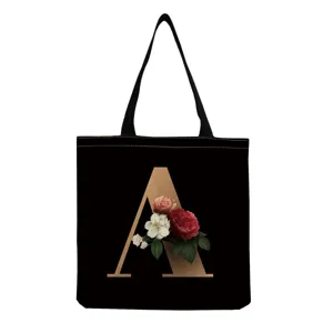 Vintage Floral Golden Letter Print Linen Tote Bag Women Black Canvas Shopping Handbag Personalized Alphabet Shoulder Bag