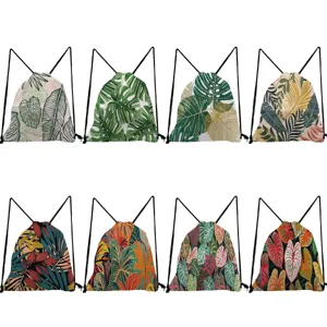 Tropical Leaf Print Drawstring Backpack Lightweight Polyester String Bag For Travel Casual Sport Storage Bag For Men Women