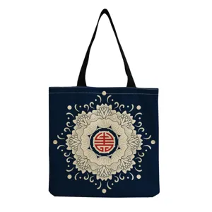 Blue canvas tote bag featuring oriental floral mandala print and red central seal motif for women.