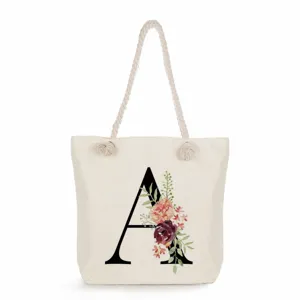 Große Kapazität Leinen Tote Bag Mit Seilgriff Blumen Buchstaben Druck Strand Schultertasche Für Damen Studenten Buch Tasche